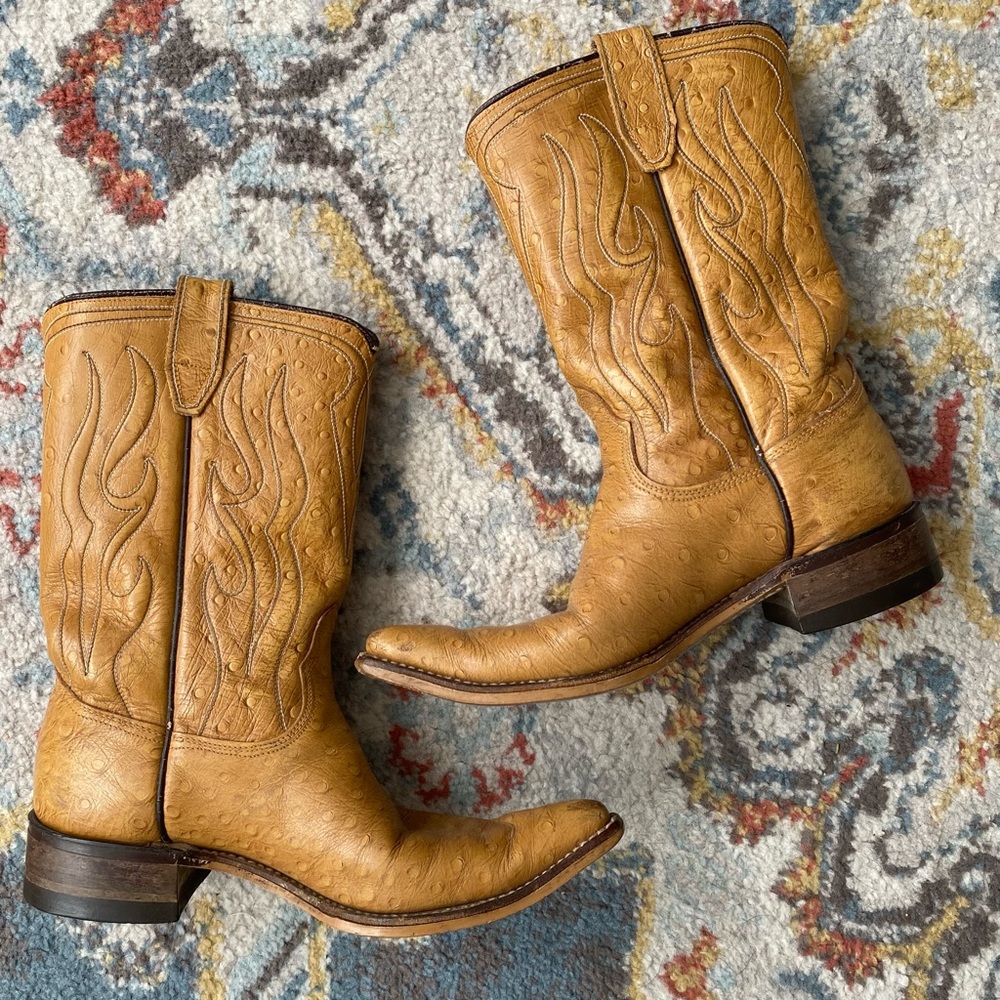 Vintage ACME Ostrich Grain Tan Leather Cowboy Boots, Size 6